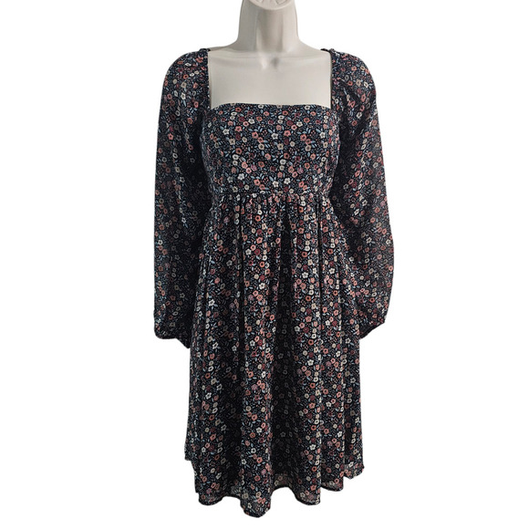 LUCKY BRAND Floral Printed Square-Neck Long-Sleeve Mini Dress Size L - Picture 1 of 14